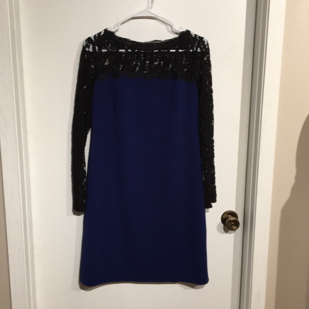Blue with black lace sleeves sheath dress